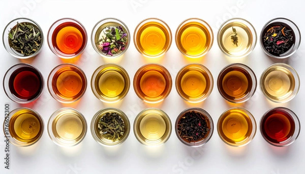Fototapeta Top view of assorted herbal and adaptogen teas in glass cups showing vibrant natural colors, symbolizing wellness, balance, and healthy living in a clean minimalist presentation