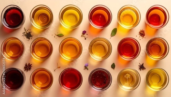 Fototapeta Top view of assorted herbal and adaptogen teas in glass cups showing vibrant natural colors, symbolizing wellness, balance, and healthy living in a clean minimalist presentation