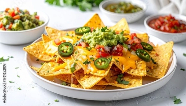 Obraz Crispy nachos topped with melted cheese, guacamole, jalapeño slices, and fresh salsa — a colorful, flavorful snack perfect for sharing and celebrating Mexican cuisine.