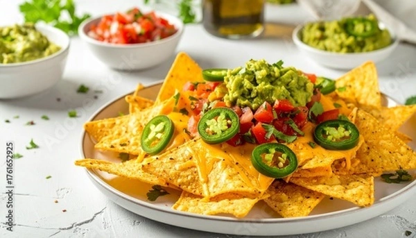 Obraz Crispy nachos topped with melted cheese, guacamole, jalapeño slices, and fresh salsa — a colorful, flavorful snack perfect for sharing and celebrating Mexican cuisine.