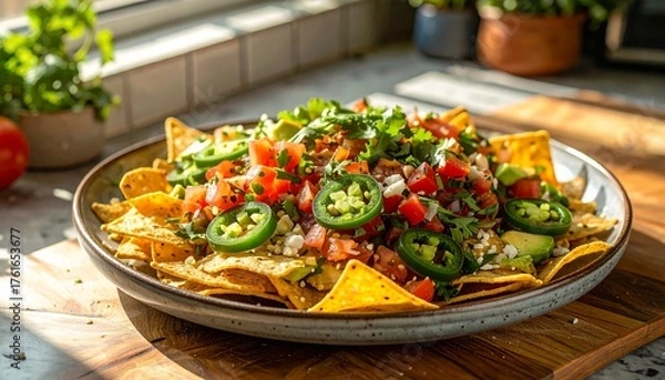 Obraz A delicious plate of nachos topped with fresh tomatoes, jalapeños, avocado, cheese, and cilantro, served in a bright kitchen setting.