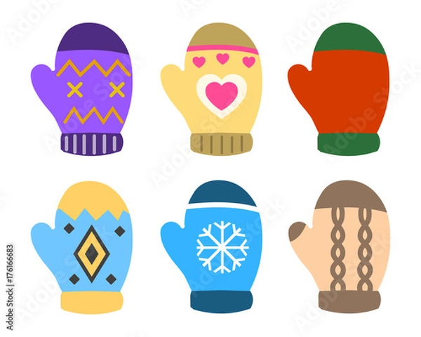 Fototapeta Collection of color mittens with bright geometric ornament. Flat design Vector Illustration EPS