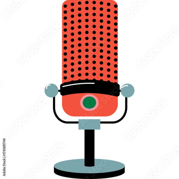 Fototapeta Retro Microphone With Red Mesh And Green And Pink Buttons On A Metal Stand With A Round Base Against A White Background