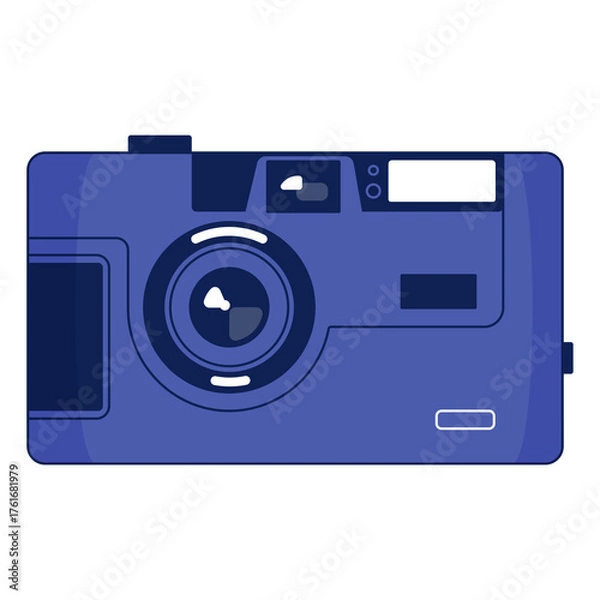 Fototapeta Retro Disposable Camera With Blue Body And Built In Flash In Front View Perspective Against White Background