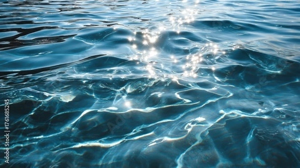 Fototapeta Rippling blue water captures sunlight, creating a serene and calming atmosphere by the waterfront during early afternoon hours