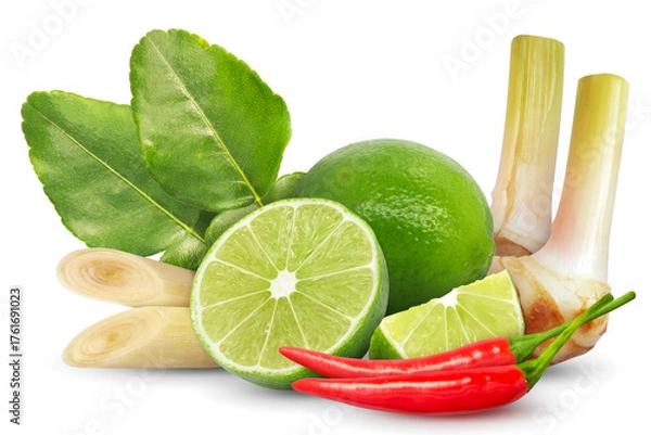 Fototapeta Galangal lemongrass kaffir lime leaves lime red chili pepper composition isolated on white background. Tom yum ingredient