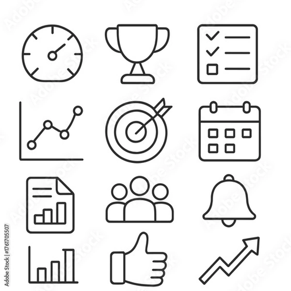 Fototapeta Team KPI Icons. Outline icon set of team KPIs: gauge meter, trophy icon, checklist, bar chart, line graph,