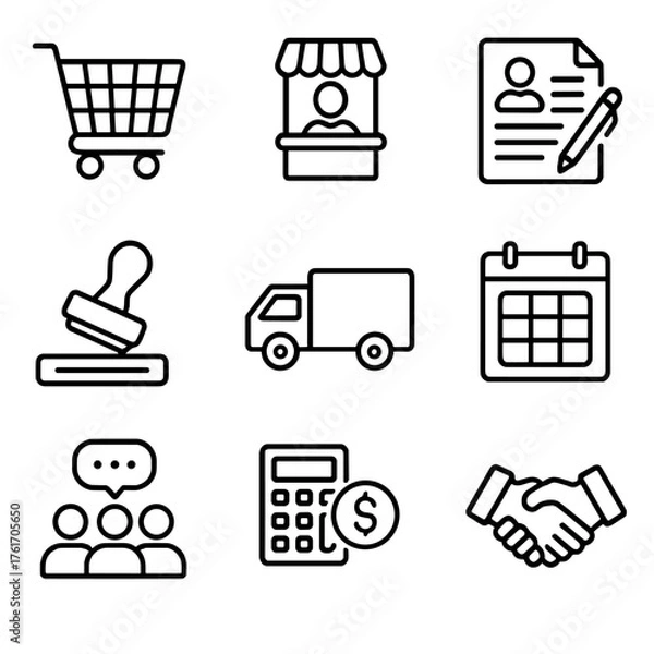 Obraz Procurement Icons Grid. Outline icon set of procurement teams: shopping cart, vendor icon, contract, purchase