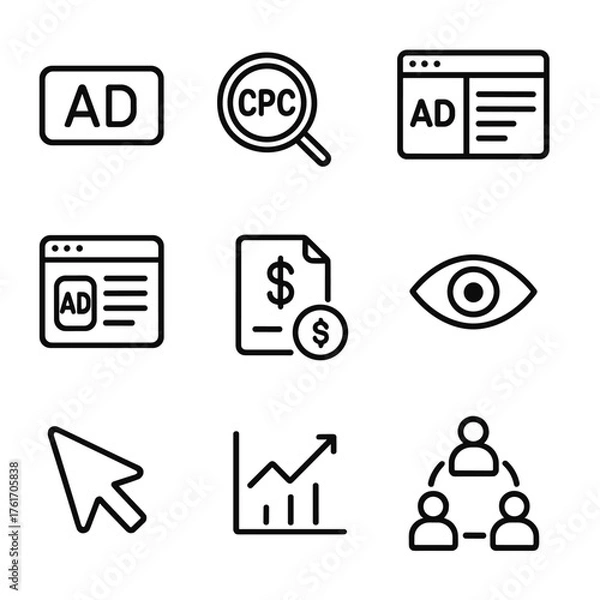 Fototapeta Search Marketing Icons Grid. Outline icon set of search engine marketing: ad badge, CPC coin, keywords, ad