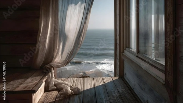 Obraz View from a weathered beach house: a wooden deck opens to the ocean through a fluttering sheer curtain. Concept Weathered Beach House, Ocean View, Wooden Deck, Fluttering Curtain, Seaside Calm