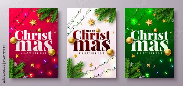 Fototapeta Merry Christmas and Happy New Year Greeting Card Clipart Set with Fir Branch, Light Garland and Typography Lettering on Red, White and Green Background. Vector Holiday Season Design with Decoration