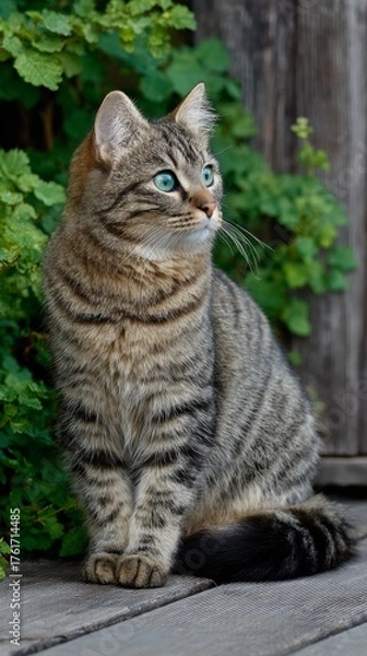 Fototapeta Curled tail Kurilian Bobtail cat relaxes on wooden deck surrounded by greenery in a peaceful garden setting