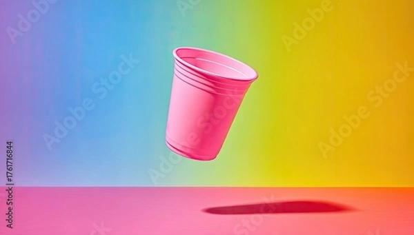 Fototapeta Pink plastic cup levitating against a gradient background