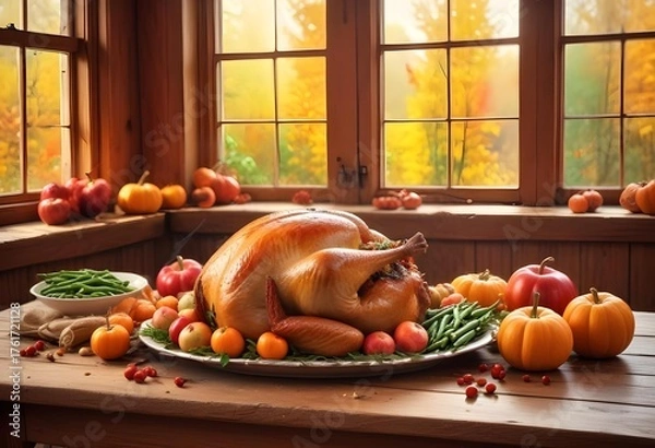 Fototapeta Autumn Feast: A Thanksgiving Turkey on Display - Generated by AI