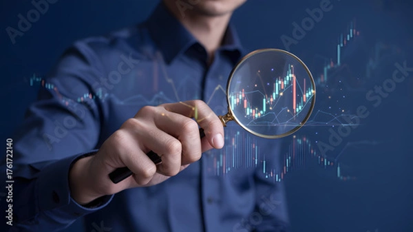 Fototapeta Analyst examining stock market data with magnifying glass for investment strategy