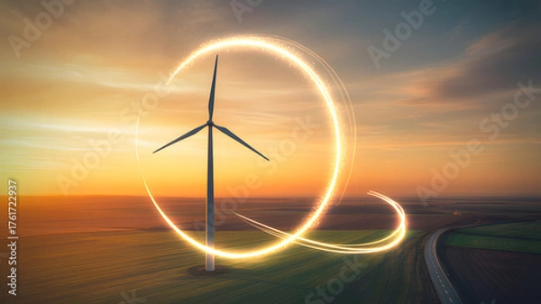 Fototapeta Stunning wind turbine at sunset with glowing energy aura, symbolizing clean power and innovation