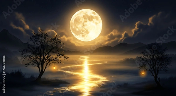 Fototapeta A serene night scene with a luminous full moon reflecting on water.
