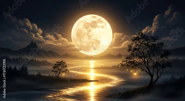 Fototapeta A serene landscape with a large, luminous moon reflecting on a winding river, trees silhouetted against the night sky, and distant mountains.