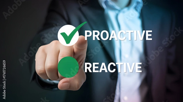 Fototapeta Confident businessman chooses proactive approach over reactive in strategic decision making
