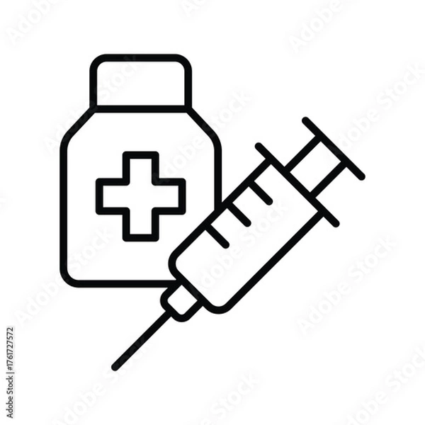 Fototapeta Vaccine bottle icon in line design. vaccine, syringe, medicine, drug, injection, healthcare, treatment on white background vector. Vaccine bottle editable stroke icon