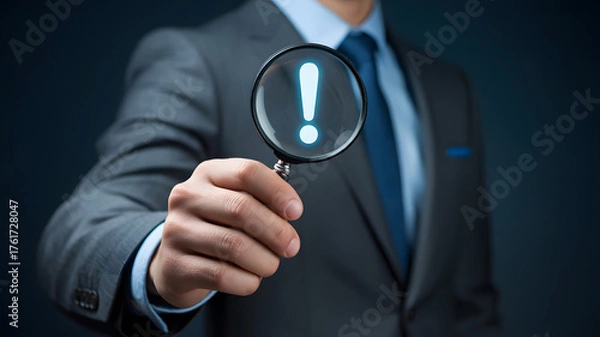 Fototapeta Businessman reveals critical insight with glowing exclamation mark through magnifying glass