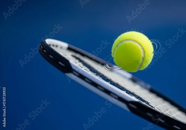 Fototapeta Dynamic yellow tennis ball striking racket, precise moment of athletic power