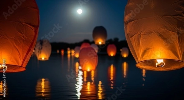 Fototapeta Floating Lights Ceremony Warmly Lit Lanterns Glide Across Tranquil Water Under Moonlight