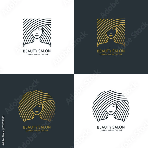 Obraz Ilustracja żeńska linia. Logo wektor, projekt godła. Salon piękności, kosmetyki do makijażu, pielęgnacja włosów. Twarz kobiety złota.