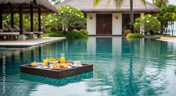 Obraz Luxury Floating Breakfast by the Pool with Ocean Sunset View