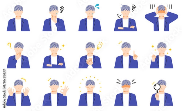 Obraz オフィスカジュアルな服装のビジネスマンの表情イラストセット。フラットデザイン。