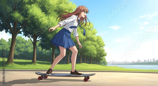 Obraz 공원에서 롱스케이트보드를 타는 치마를 입은 젊은 청춘 여자.