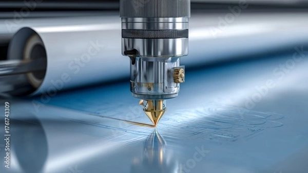 Obraz A close-up of a high-precision laser cutting machine, showcasing its intricate mechanism and focus on cutting through metal.