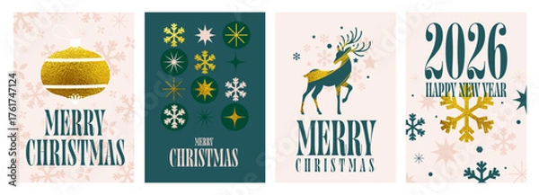 Fototapeta Happy Winter Holidays and New Year's Eve 2026 set of greeting card, poster, web banner, holiday cover. Xmas design template in trendy art style with doodles for season greetings. Vector illustration