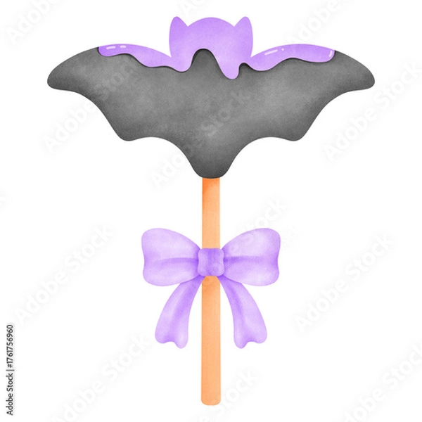 Obraz Watercolor illustration of a stylized black and grey bat dessert pop tied with a pastel purple ribbon, a spooky seasonal sweet treat.