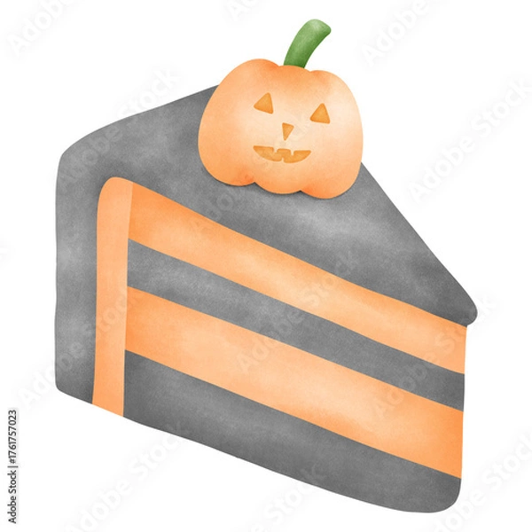 Obraz Hand-painted watercolor illustration of a slice of layered orange and black cake topped with a mini pumpkin, a classic seasonal bakery treat.