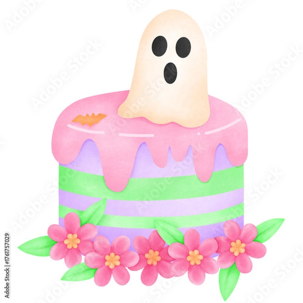 Obraz Watercolor illustration of a small pastel pink and green layered cake topped with a ghost figure and pink flowers, a spooky seasonal dessert.