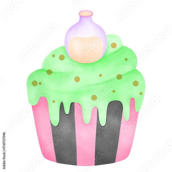 Obraz Watercolor illustration of a cupcake with bright green swirl frosting topped with a spooky purple flask, perfect for seasonal bakery projects.