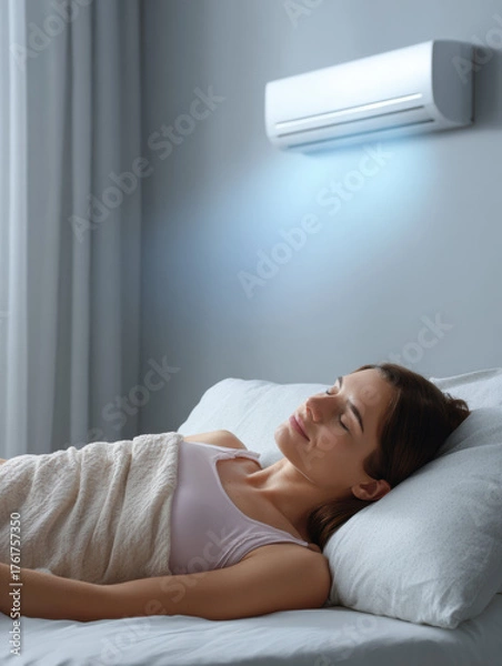 Fototapeta Relaxed woman sleeping peacefully in bed with modern air conditioner providing cool comfort. sustainable system for efficient energy use creates serene atmosphere at home