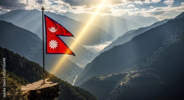 Obraz Nepal Flag Waving Proudly on Mountain Peak with Sun Rays.