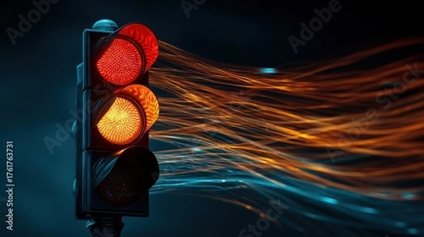 Fototapeta A traffic signal glows red and orange, with flowing light trails emerging from the side