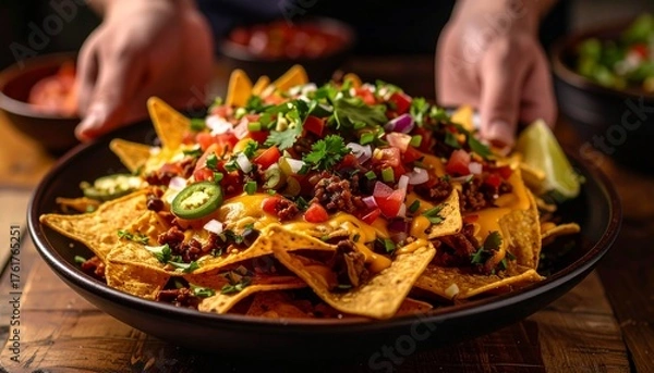 Obraz A hearty plate of loaded nachos topped with seasoned beef, jalapeños, diced tomatoes, onions, cilantro, and melted cheese, ready to be served