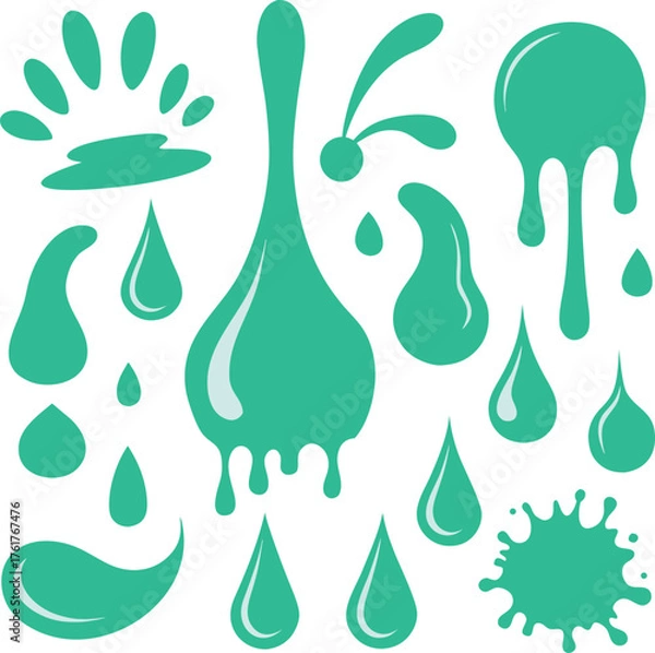 Fototapeta Green liquid drops, drips, and splashes vector set