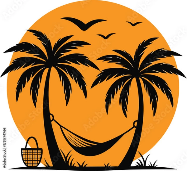 Obraz Tropical Sunset Hammock Silhouette Vector