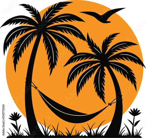 Fototapeta Tropical Sunset Hammock Silhouette Vector