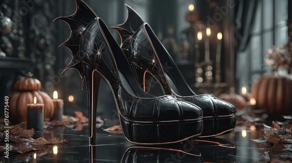 Fototapeta Black sculptural high heels with bat wing design. Dmly lit room with candles and pumpkins. Halloween parties and witch costume