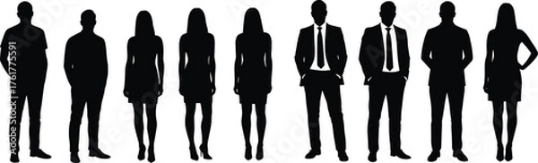 Fototapeta Silhouettes of people, casual and formal clothing, fashion contrast, standing in row, diversity in style, posture study, white background, anonymous figures