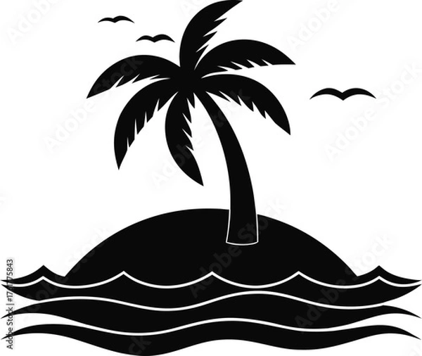 Fototapeta Simple Tropical Island with Palm Tree Vector Icon in Black and White
