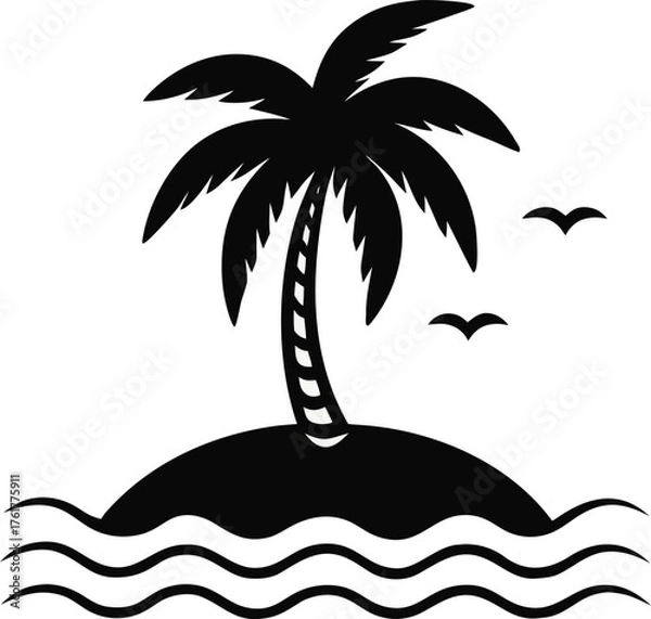 Fototapeta Simple Tropical Island with Palm Tree Vector Icon in Black and White
