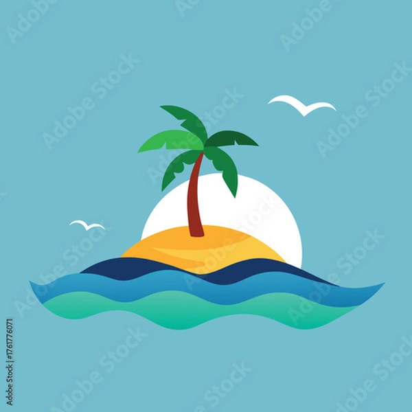 Fototapeta Flat Design Tropical Island Sunset Vector Illustration