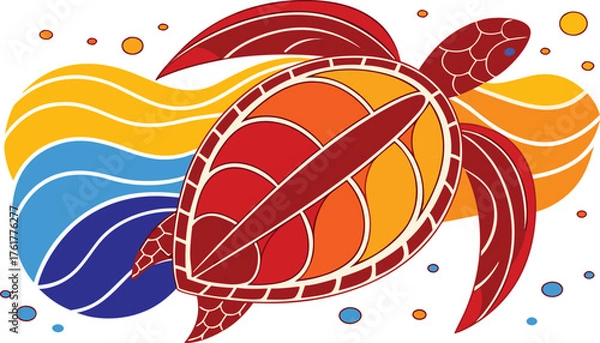 Fototapeta Colorful Sea Turtle Vector Illustration in Abstract Wave Background